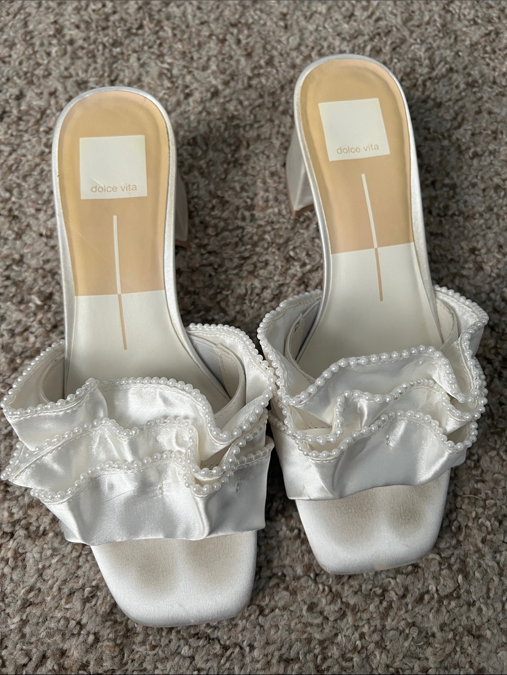 Dolce Vita White Satin Ruffle Pearl-Trim Slide Mules